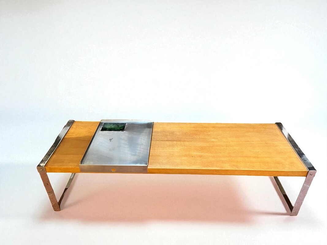 F 476 TH vintage oak coffee table with enameled inox plate, 1970’s