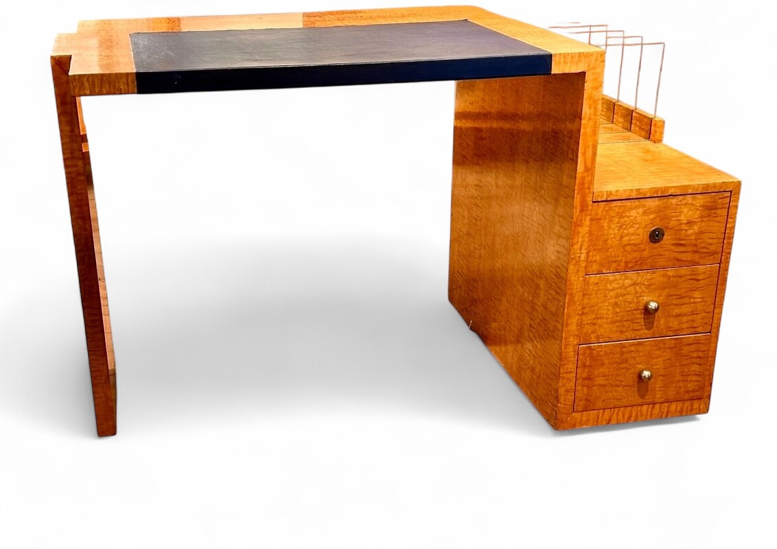 F 482 AS FrenchModernist desk in golden elm , leather and glass with leather armchair