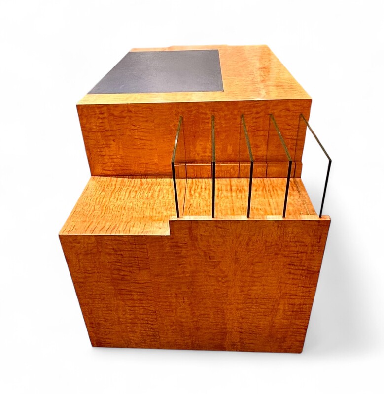 F 482 AS FrenchModernist desk in golden elm , leather and glass with leather armchair