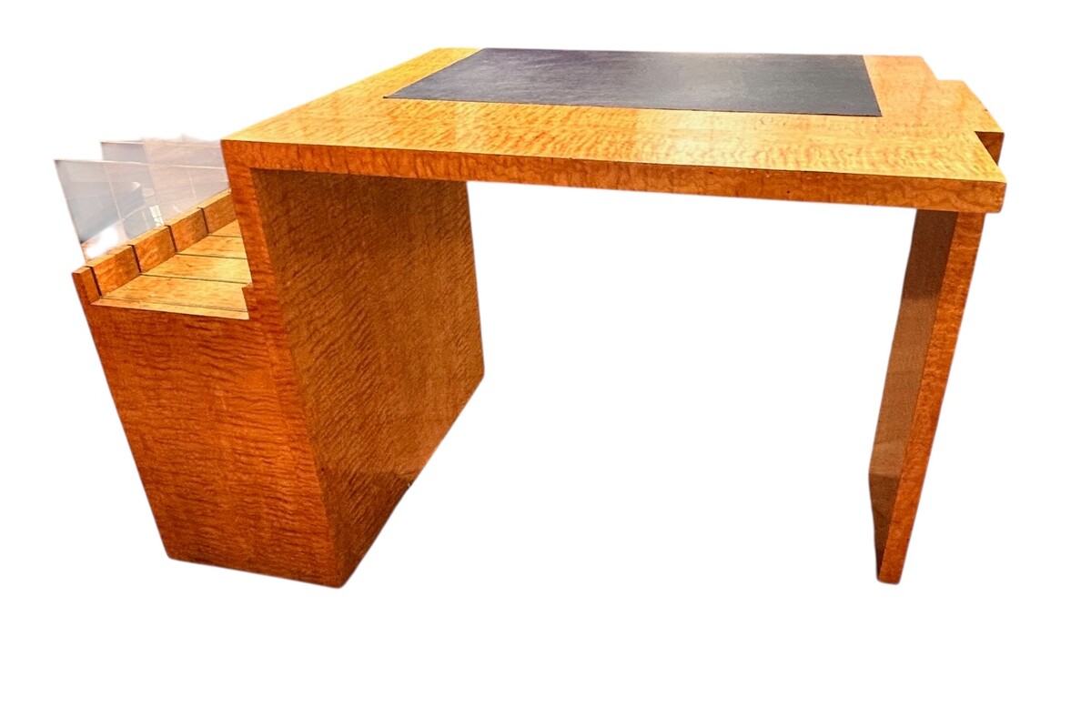 F 482 AS FrenchModernist desk in golden elm , leather and glass with leather armchair