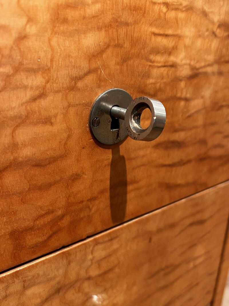 F 482 AS FrenchModernist desk in golden elm , leather and glass with leather armchair