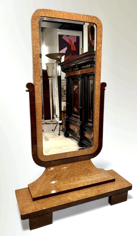 F 483 AS French Art Deco Psyche mirror in Karelian birch and stained elm burl, repolished with a buffer