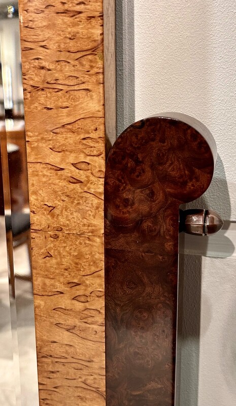 F 483 AS French Art Deco Psyche mirror in Karelian birch and stained elm burl, repolished with a buffer