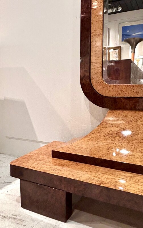 F 483 AS French Art Deco Psyche mirror in Karelian birch and stained elm burl, repolished with a buffer