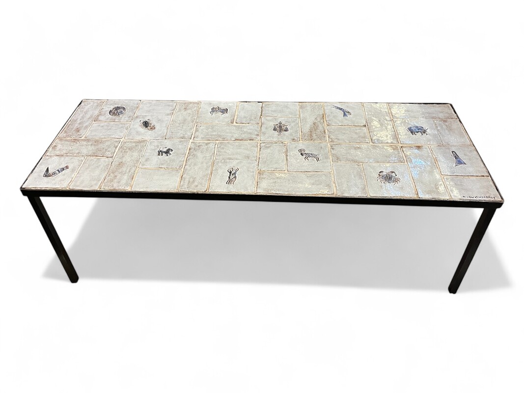 F 486 AS ceramic tiles coffee table with zodiac signs, 1960