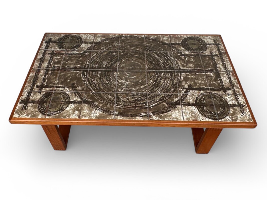 F 490 JB Brutalist Teak & Tile Coffee Table Ox-Art for Trioh Mobelfabrik 1973 Made in Denmark