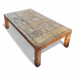 F 492 APO rectangular ceramic tiles coffee table with wine stickers, Roger Capron