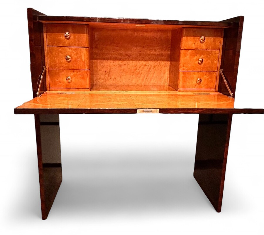 F 493 AS Art Deco style secretary desk ca 1930, exotic wood and birdseye maple, repolished with a buffer