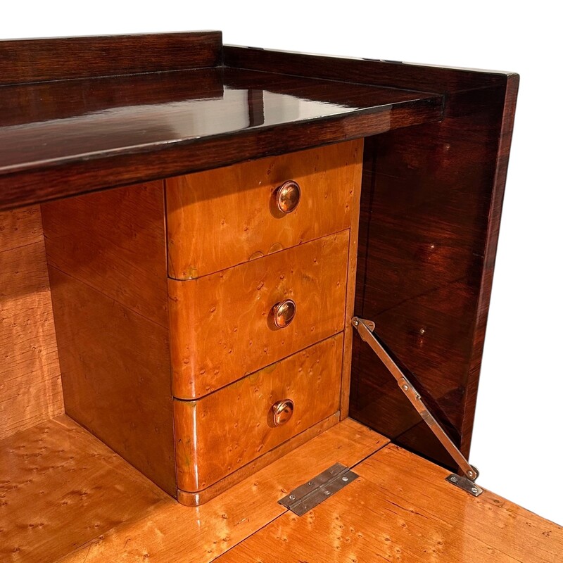 F 493 AS Art Deco style secretary desk ca 1930, exotic wood and birdseye maple, repolished with a buffer