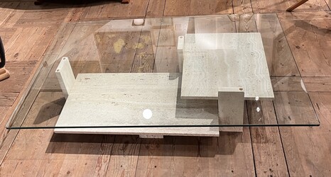 F 493 AS brutalist glass and travertine coffee table by Willy Ballez