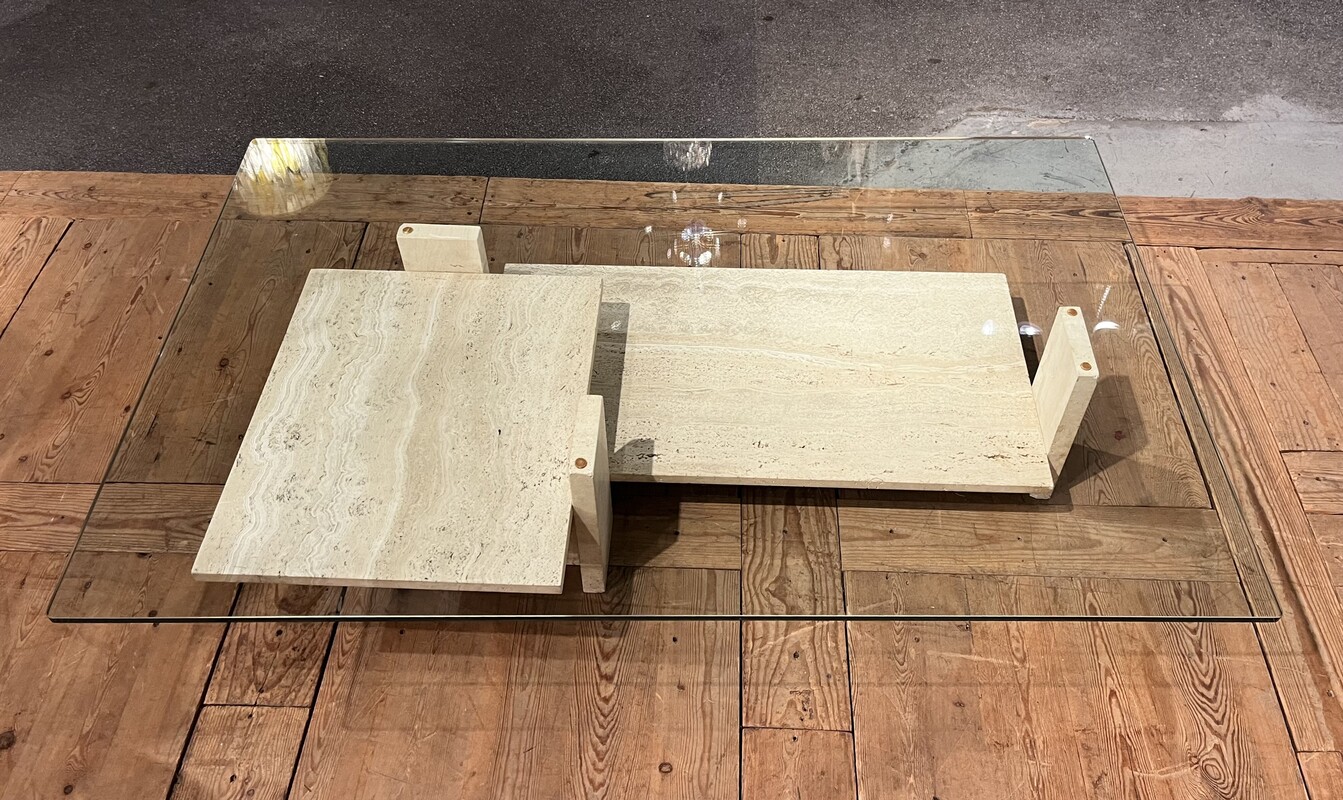 F 493 AS brutalist glass and travertine coffee table by Willy Ballez