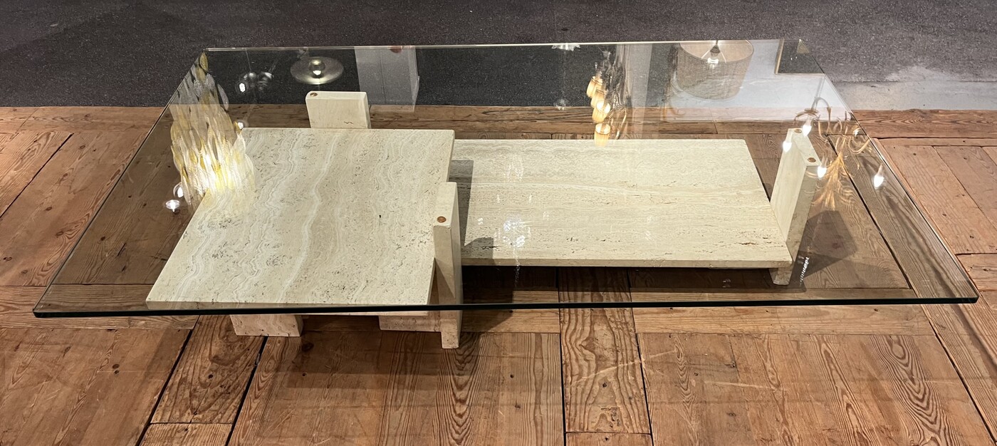 F 493 AS brutalist glass and travertine coffee table by Willy Ballez