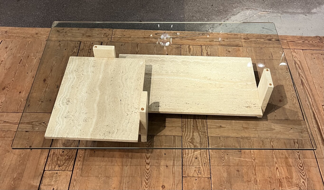 F 493 AS brutalist glass and travertine coffee table by Willy Ballez