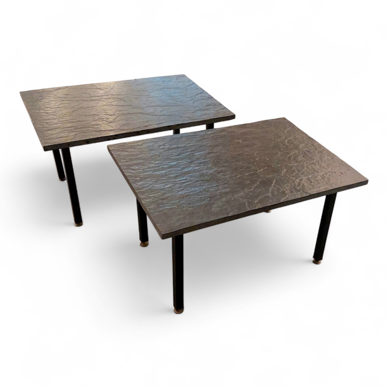F 493 JC Pair of brutalist slate and lacquered metal side tables, 1960s 