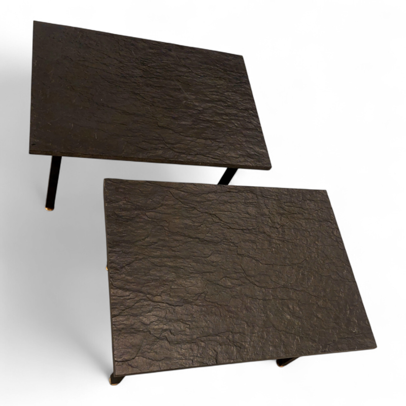 F 493 JC Pair of brutalist slate and lacquered metal side tables, 1960s 