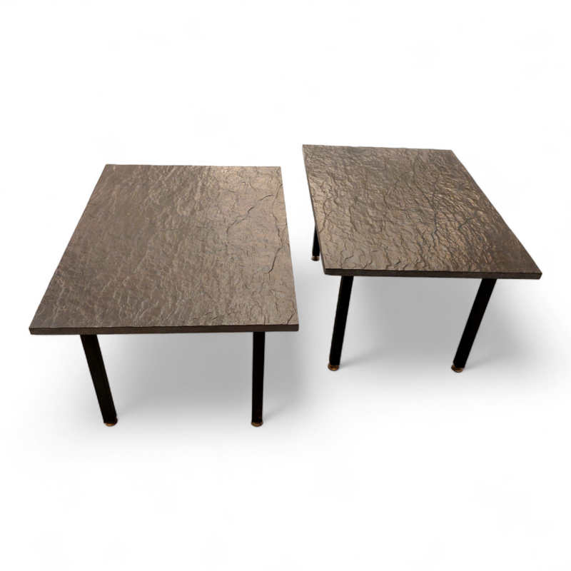 F 493 JC Pair of brutalist slate and lacquered metal side tables, 1960s 