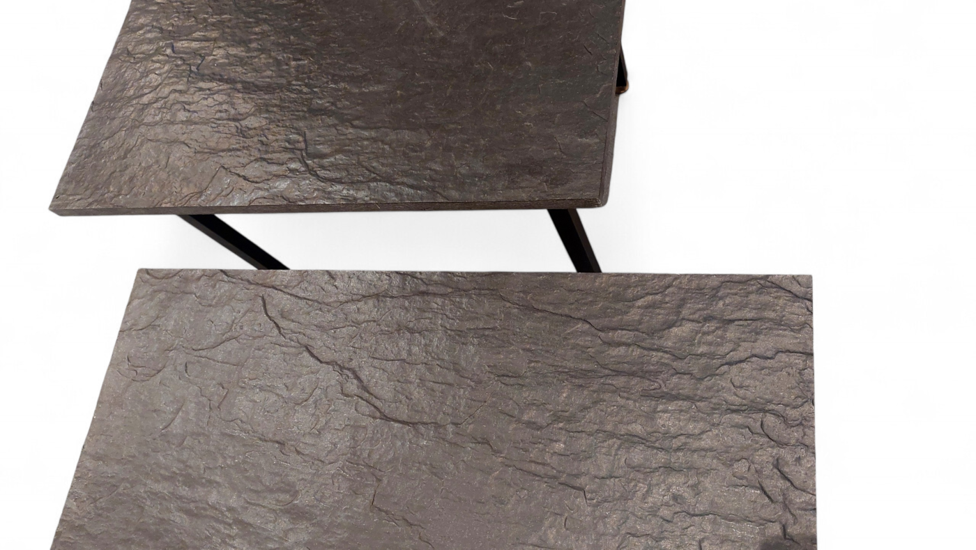 F 493 JC Pair of brutalist slate and lacquered metal side tables, 1960s 