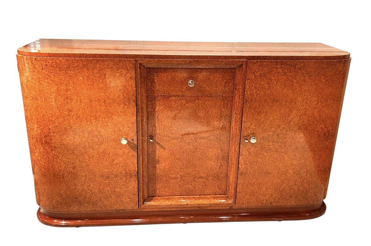F 500 AS Art Deco sideboard in mahogany and amboyna burl, restored, stamp. « Krieger Paris »