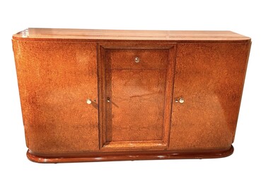 F 500 AS Art Deco sideboard in mahogany and amboyna burl, restored, stamp. « Krieger Paris »