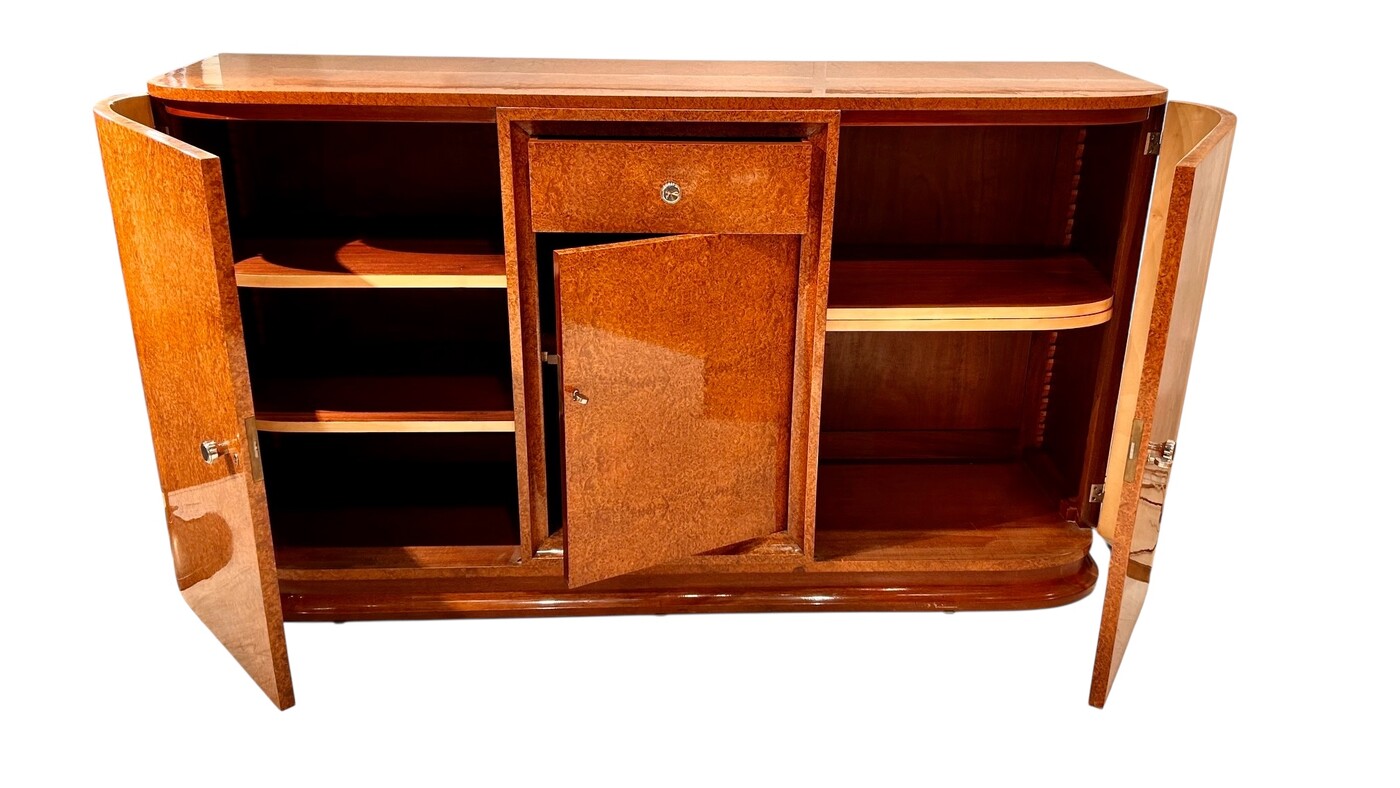 F 500 AS Art Deco sideboard in mahogany and amboyna burl, restored, stamp. « Krieger Paris »