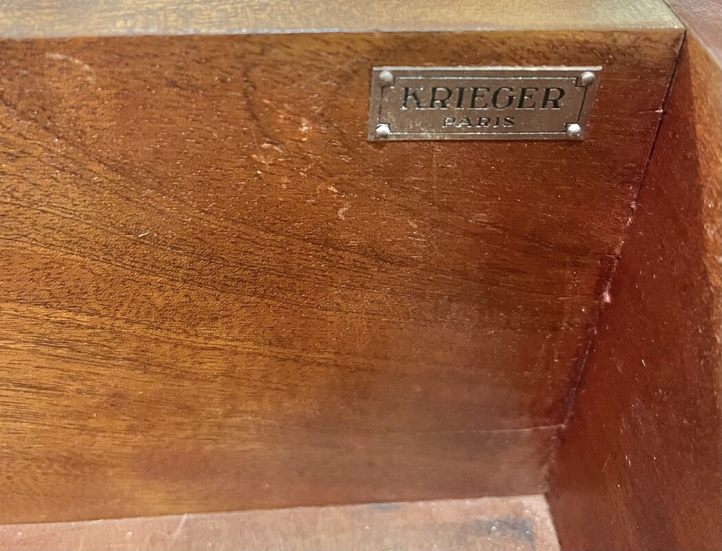 F 500 AS Art Deco sideboard in mahogany and amboyna burl, restored, stamp. « Krieger Paris »