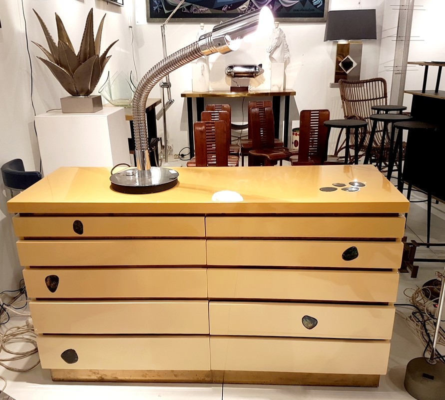F 504 AG laquer, brass  and labradorite chest of drawers Ca 1980