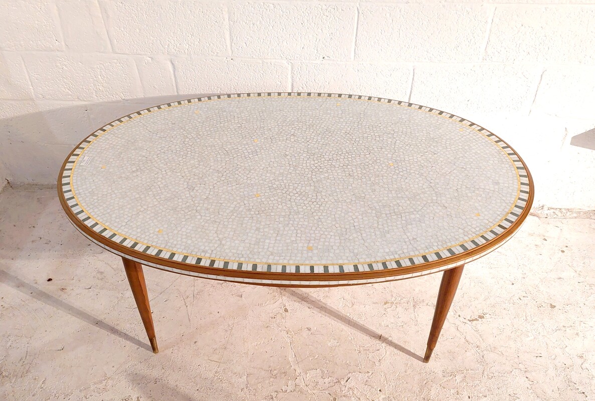 F 524 JC Oval mosaic, wood and brass coffee table by Berthold Muller 1950s