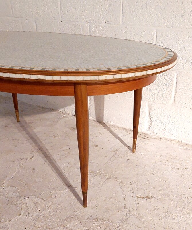 F 524 JC Oval mosaic, wood and brass coffee table by Berthold Muller 1950s