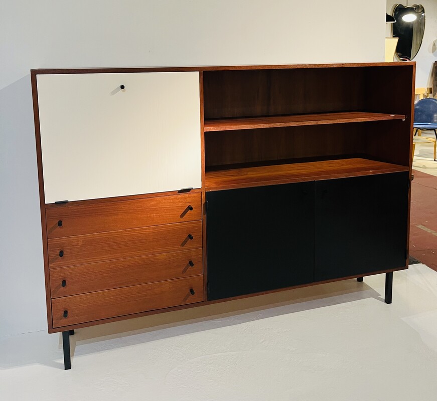 F 547 JD/RC midcentury highboard / bar, teak with black and white doors