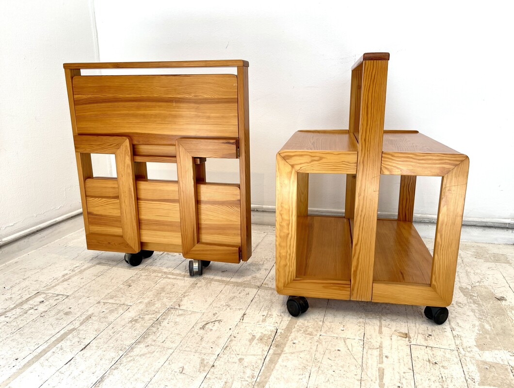 F 664 AG Vintage pine serving table on wheels, Sweden 1970