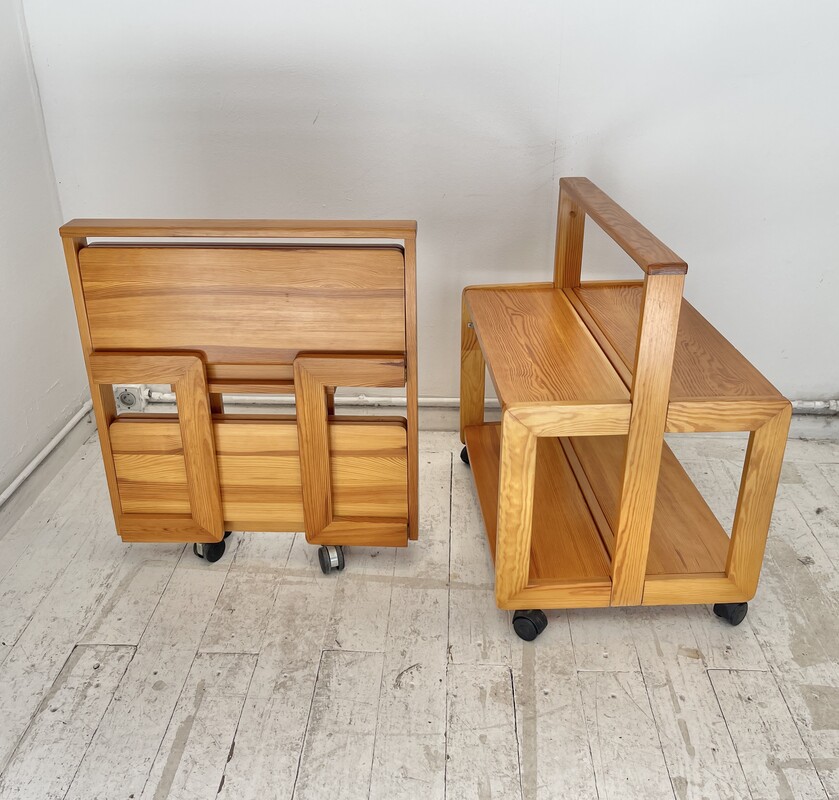 F 664 AG Vintage pine serving table on wheels, Sweden 1970