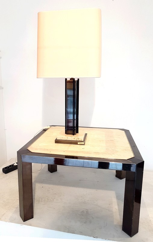 F 776 JC Travertine and patinated metal coffee table signed Fedam 1980s