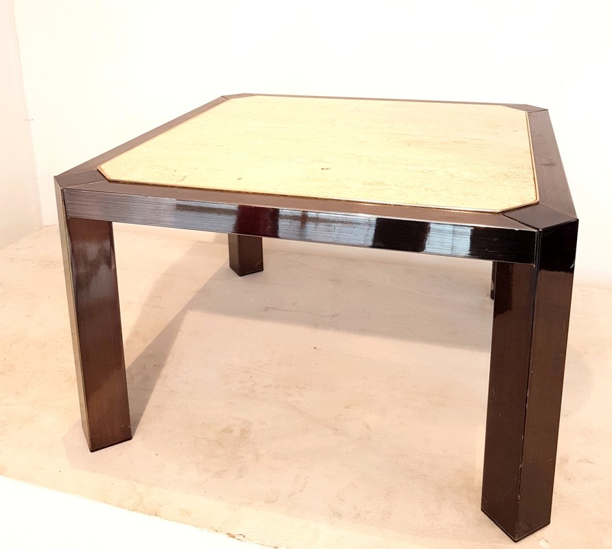 F 776 JC Travertine and patinated metal coffee table signed Fedam 1980s