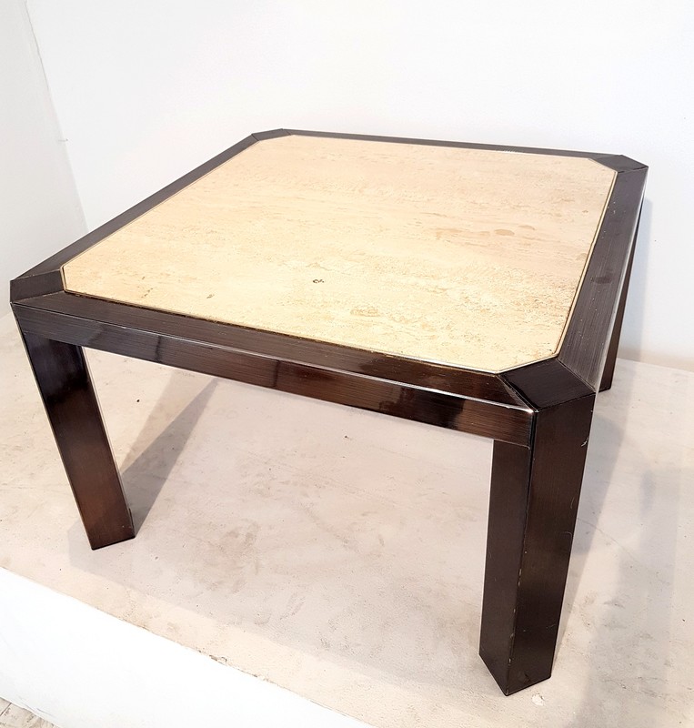 F 776 JC Travertine and patinated metal coffee table signed Fedam 1980s