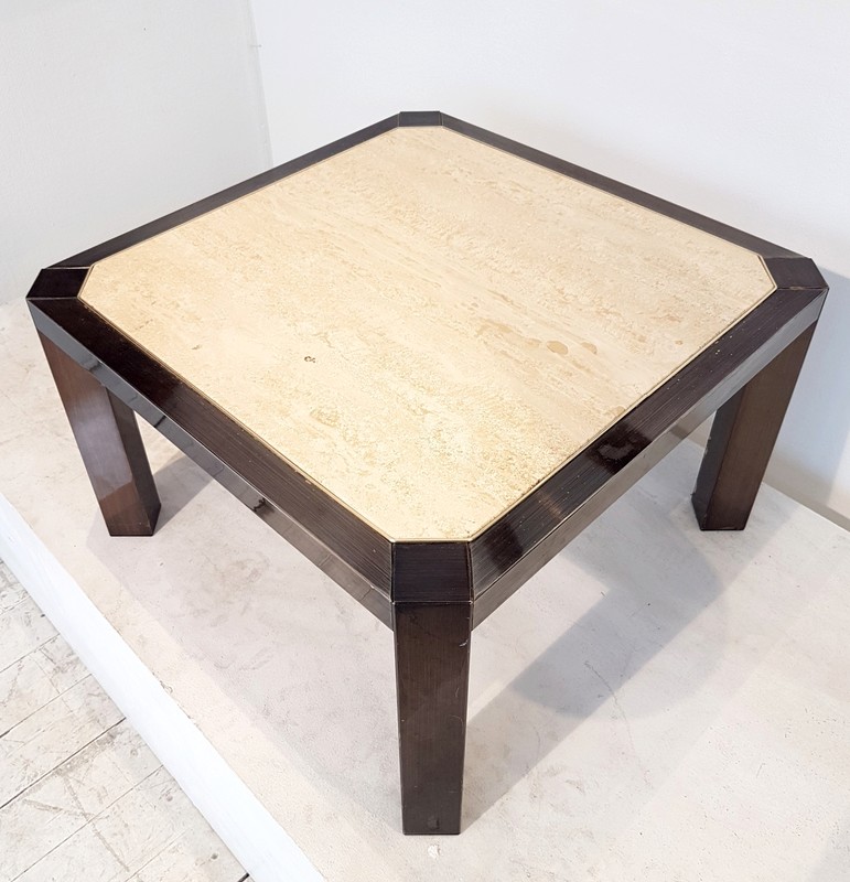 F 776 JC Travertine and patinated metal coffee table signed Fedam 1980s