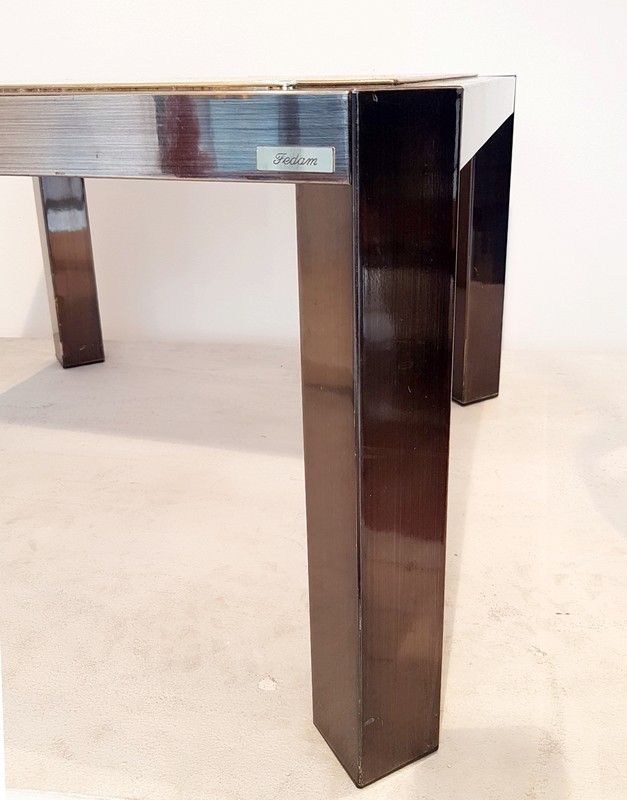 F 776 JC Travertine and patinated metal coffee table signed Fedam 1980s