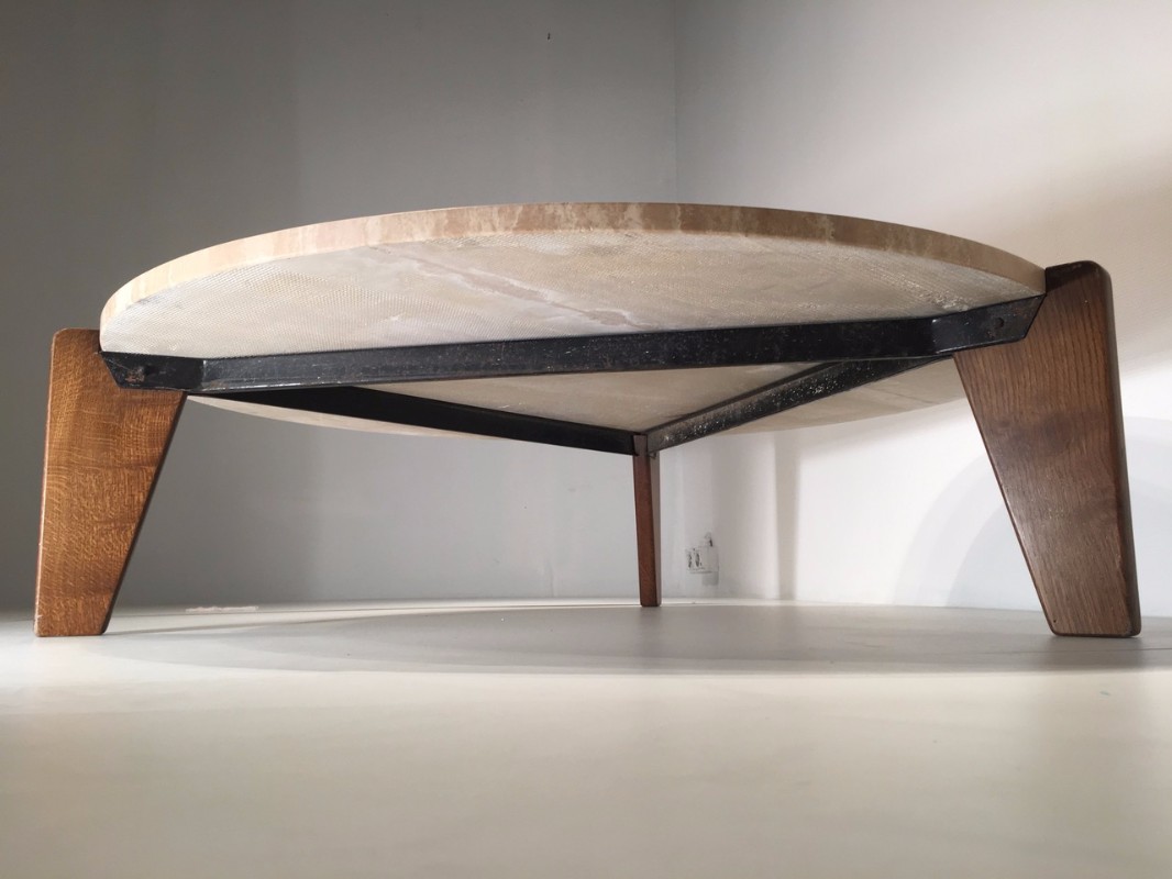 F 787 AG Table basse Jean Prouvé travertin et chêne France 1950