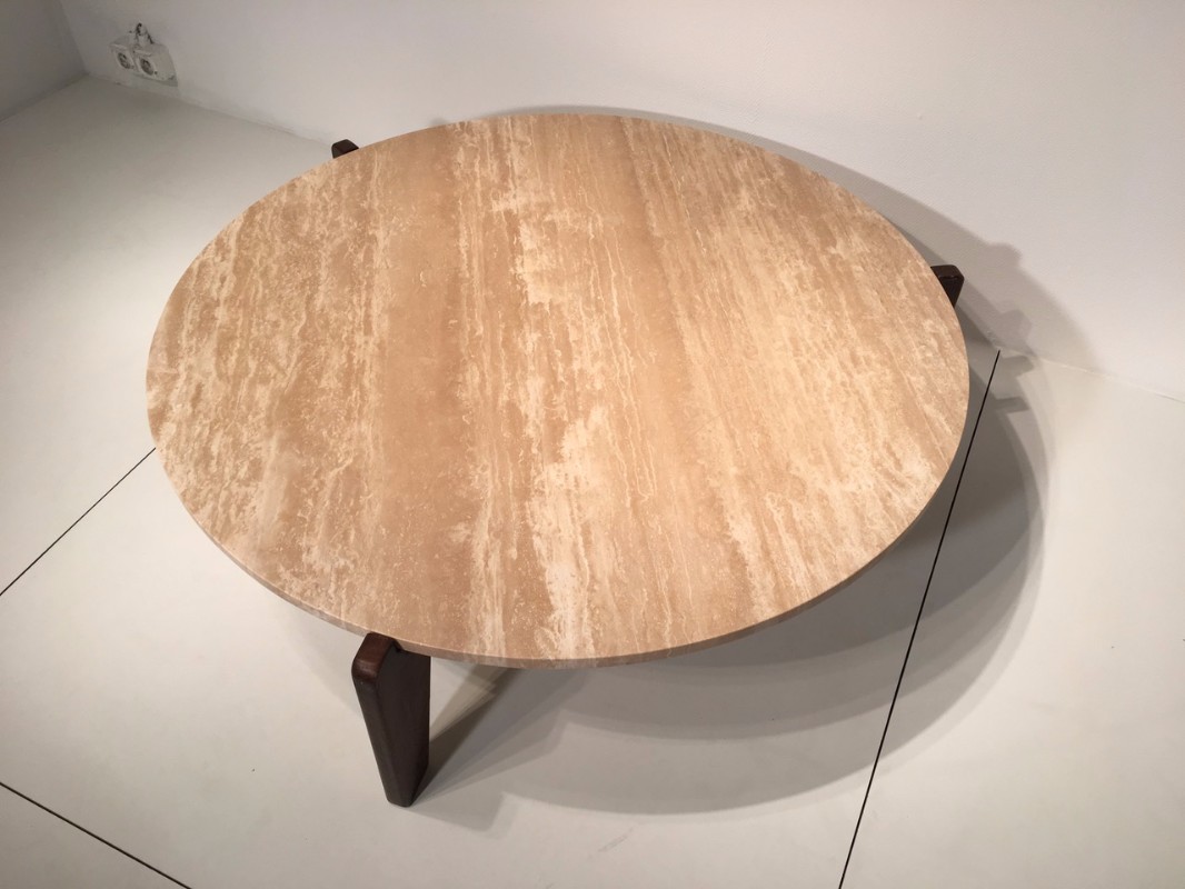F 787 AG Table basse Jean Prouvé travertin et chêne France 1950