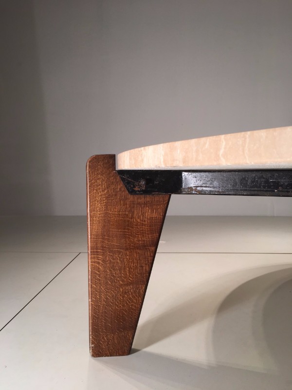 F 787 AG Table basse Jean Prouvé travertin et chêne France 1950