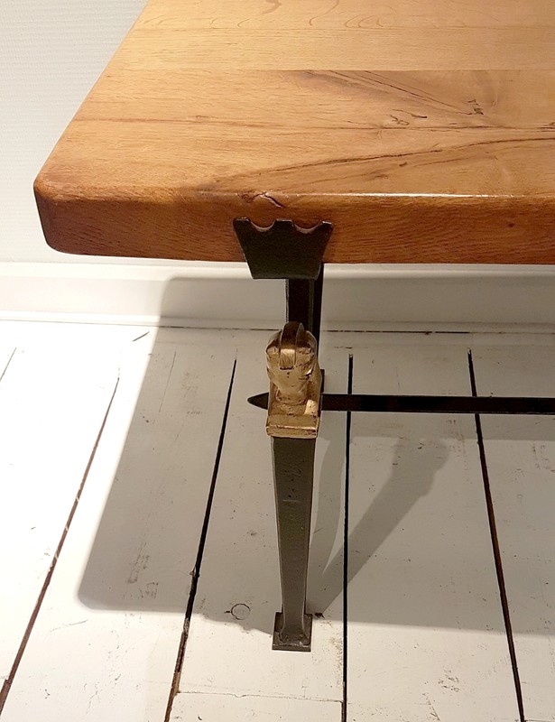 F 817 FD Solid oak and wrought iron coffee table by Jean-Charles Moreux France 1950s