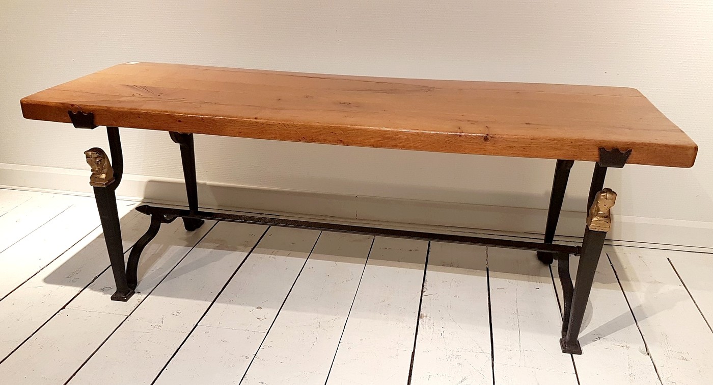 F 817 FD Solid oak and wrought iron coffee table by Jean-Charles Moreux France 1950s
