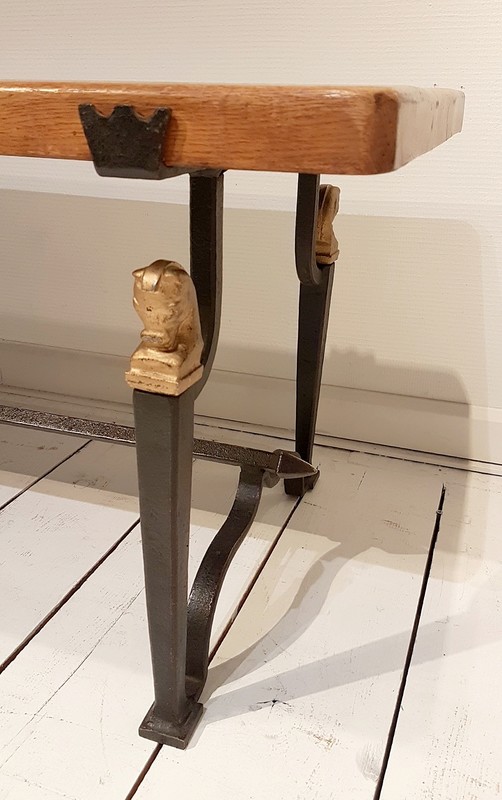 F 817 FD Solid oak and wrought iron coffee table by Jean-Charles Moreux France 1950s