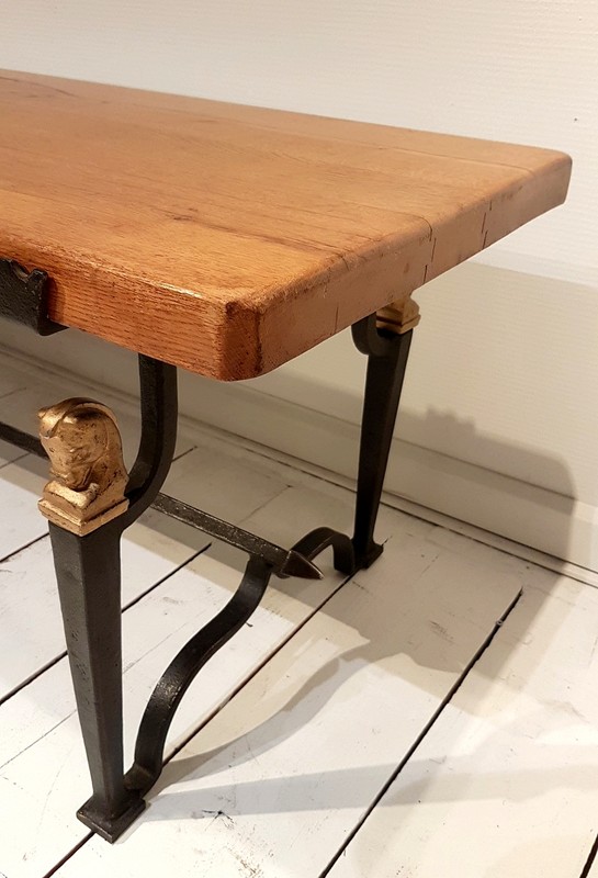 F 817 FD Solid oak and wrought iron coffee table by Jean-Charles Moreux France 1950s