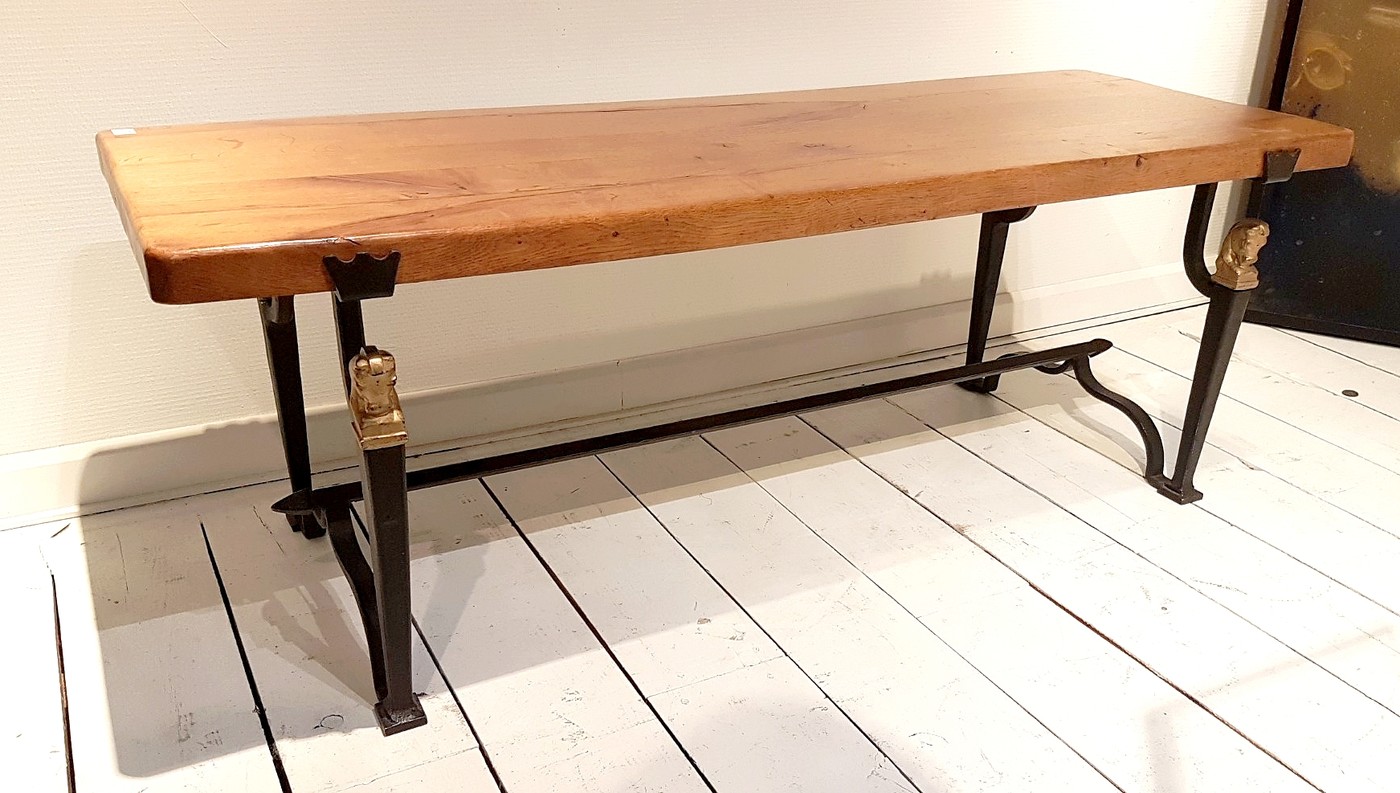 F 817 FD Solid oak and wrought iron coffee table by Jean-Charles Moreux France 1950s