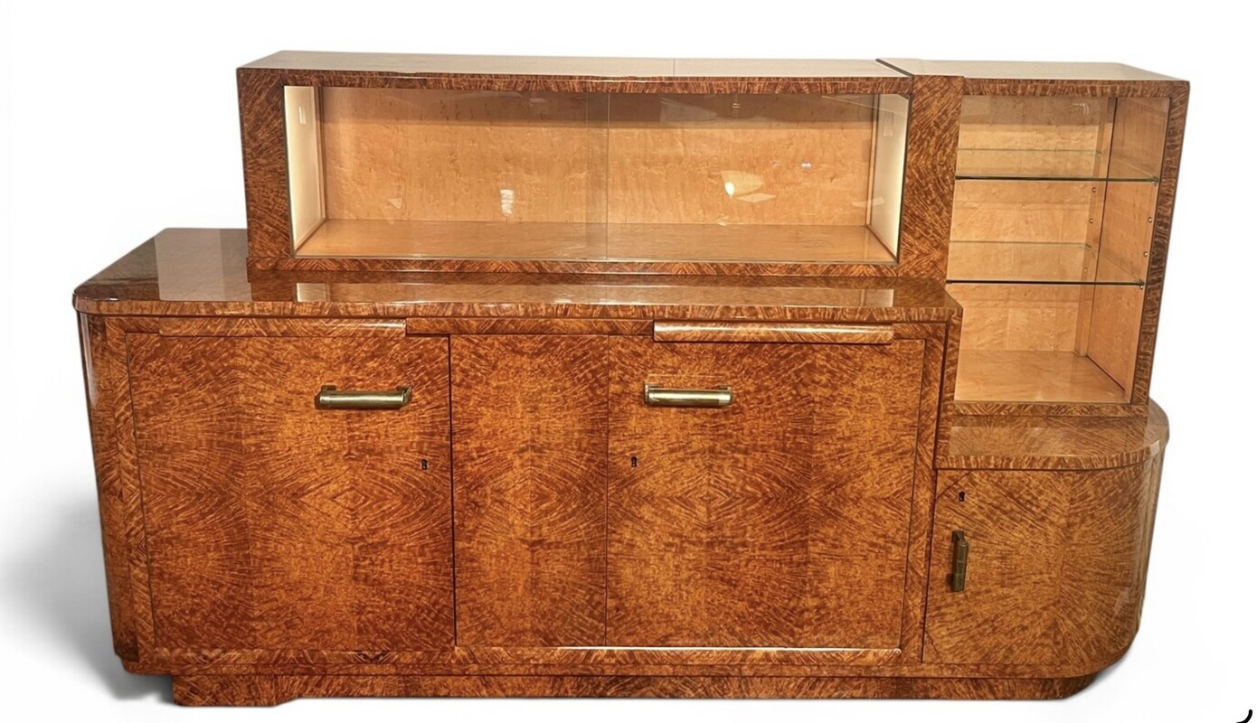 F 976 AS  Art Deco modernist cabinet, amboyna burl, restored, French ca 1920