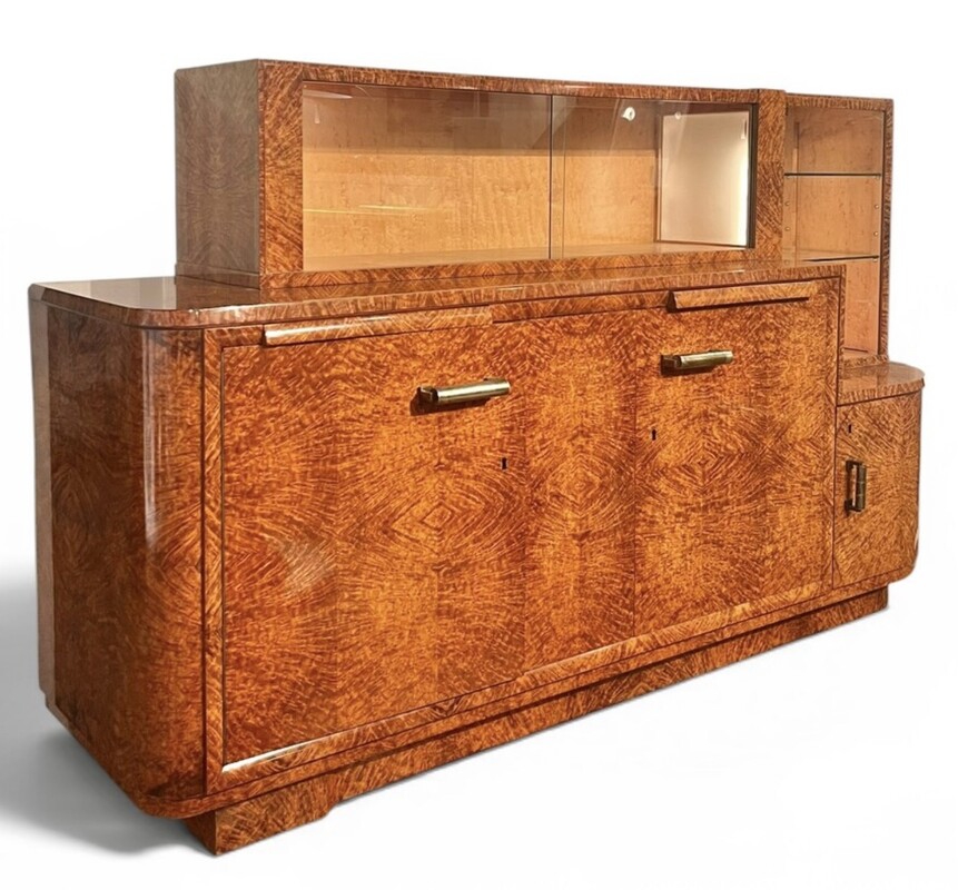 F 976 AS  Art Deco modernist cabinet, amboyna burl, restored, French ca 1920