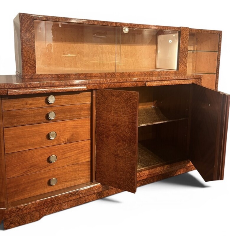 F 976 AS  Art Deco modernist cabinet, amboyna burl, restored, French ca 1920