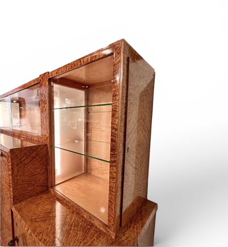 F 976 AS  Art Deco modernist cabinet, amboyna burl, restored, French ca 1920