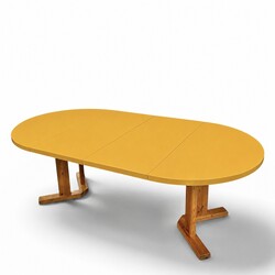 F 989 JD/RC extendable pine dining table, lacquered « safran yellow » top, 1980’s