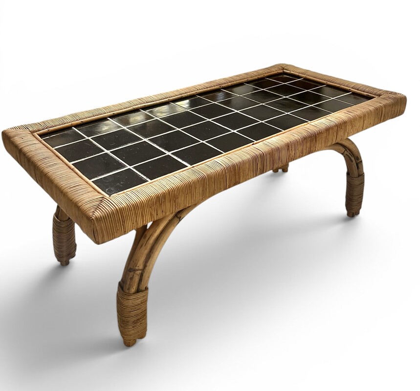 F 994 OB rattan and black ceramic tiles coffee table, 1950’s